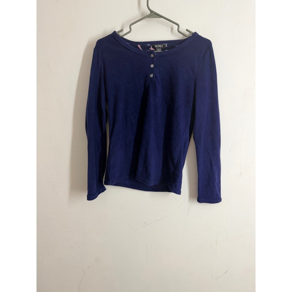 XOXO Navy Blue Fleece Henley Pajama Top Long Sleeve Celestial Trim Medium